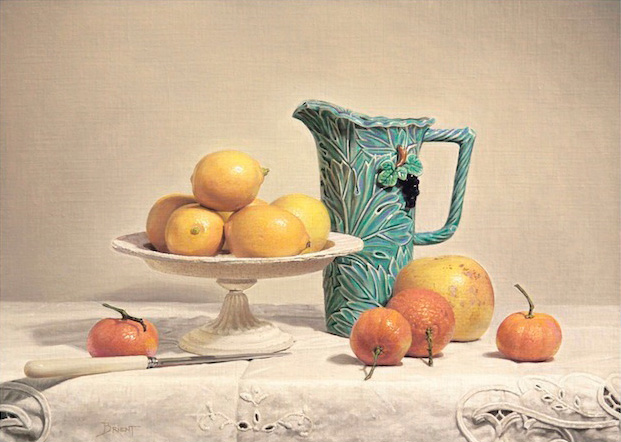 STILL LIFE WITH A TURQUOISE JUG AND CITRUS FRUITS ON AN UNBLEACHED TABLECLOTH