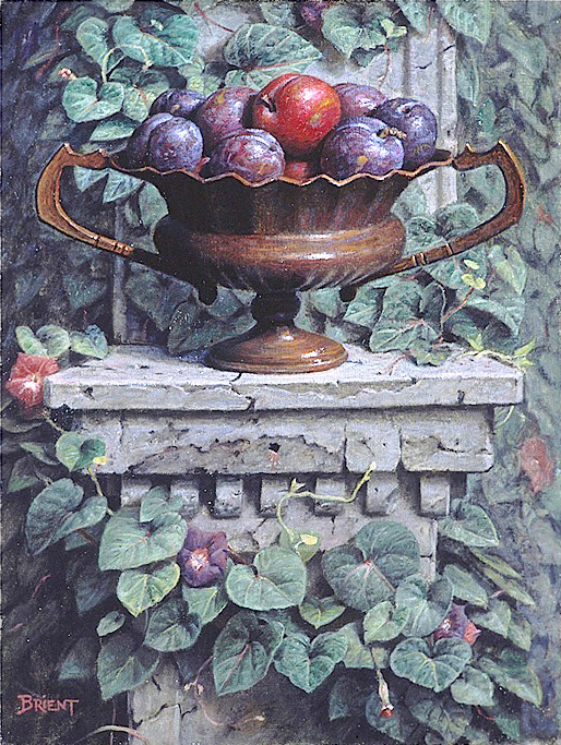A Plate of plums on a stone pedestal