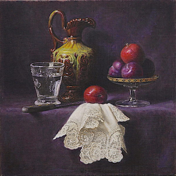 A Jug, a glass of water and plums
