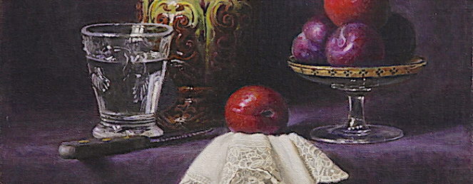A Jug, a glass of water and plums