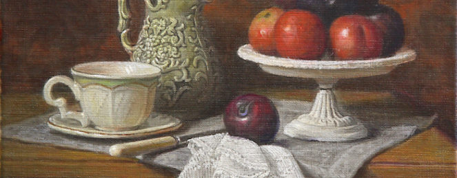 A Green jug and a plate of plums